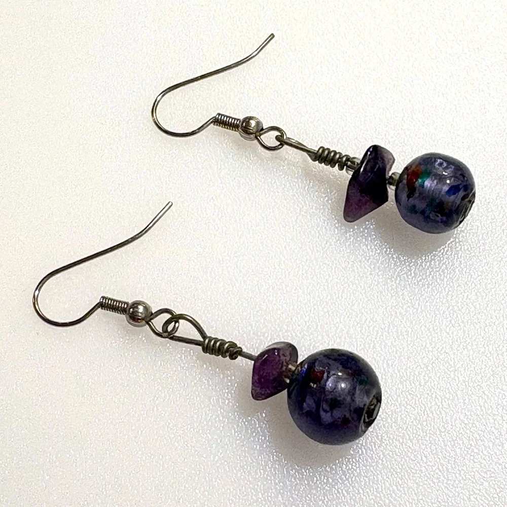 Artisan Amethyst Stone And Lavender Glass Crystal Drop Earrings